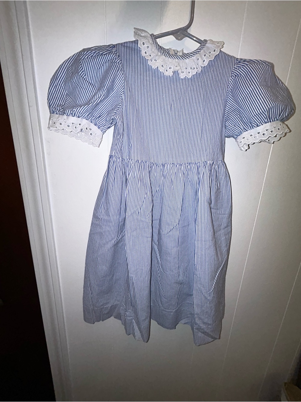 Vintage Ruth of Carolina Dress with Puff Sleeves, Blue Pinstripes & Eyelet Trim